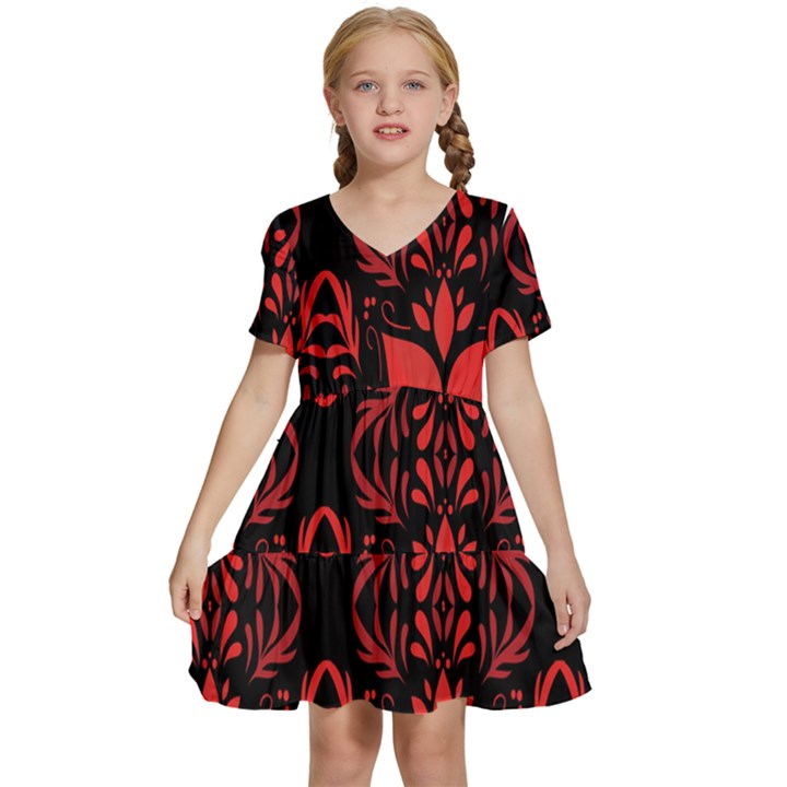 Christmas Red Black Xmas Gift Kids  Short Sleeve Tiered Mini Dress