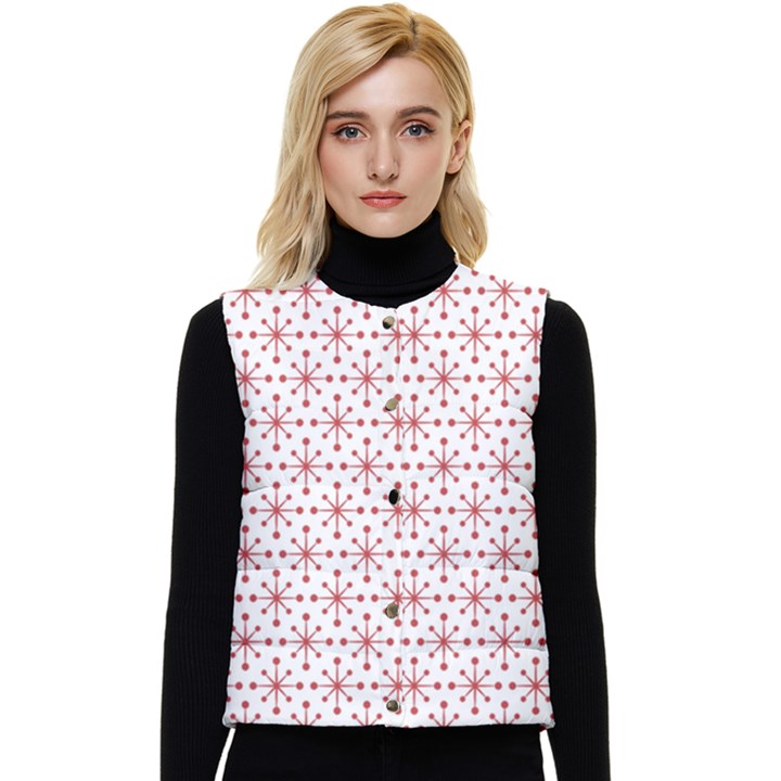 Christmas Pattern Red Stars Women s Short Button Up Puffer Vest