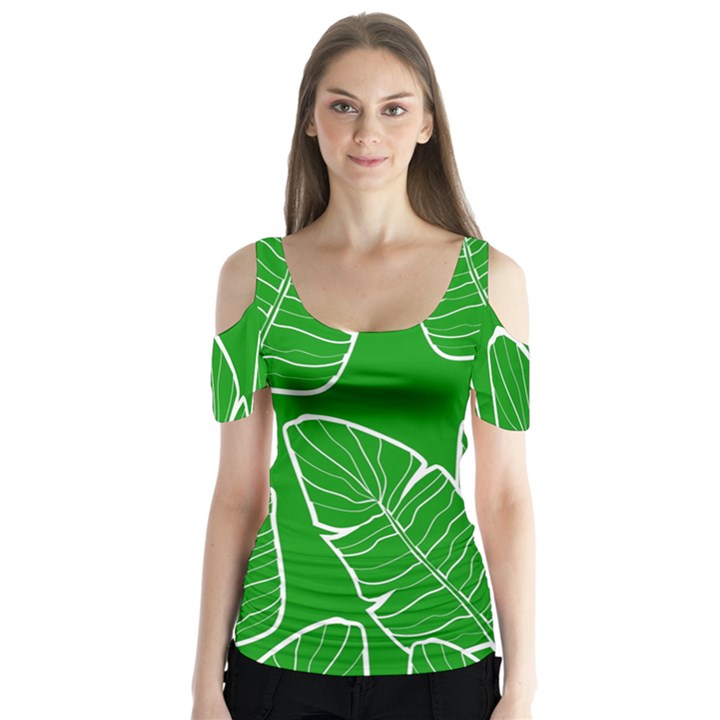 Green Banana Leaves Butterfly Sleeve Cutout Tee 