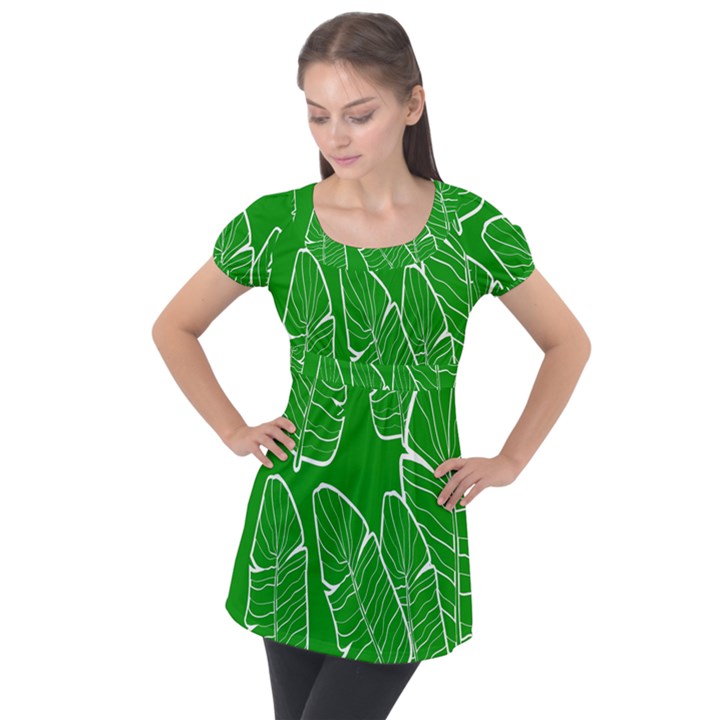 Green Banana Leaves Puff Sleeve Tunic Top