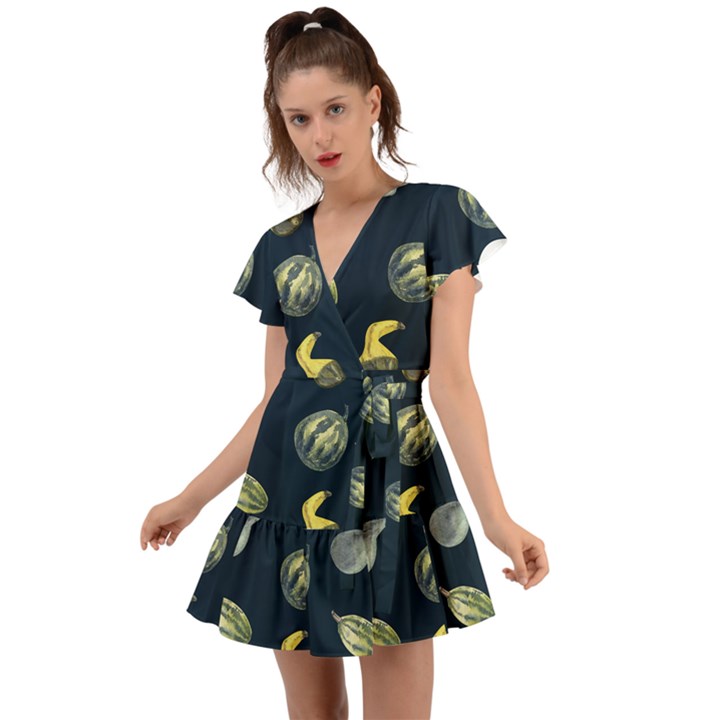 Vintage Vegetables Zucchini  Flutter Sleeve Wrap Dress