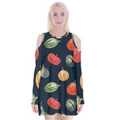 Vintage Vegetables  Velvet Long Sleeve Shoulder Cutout Dress by ConteMonfrey