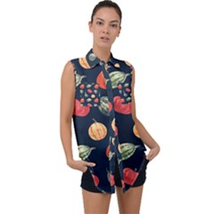 Vintage Vegetables  Sleeveless Chiffon Button Shirt