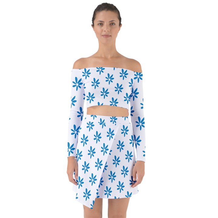 Little Blue Daisies  Off Shoulder Top with Skirt Set