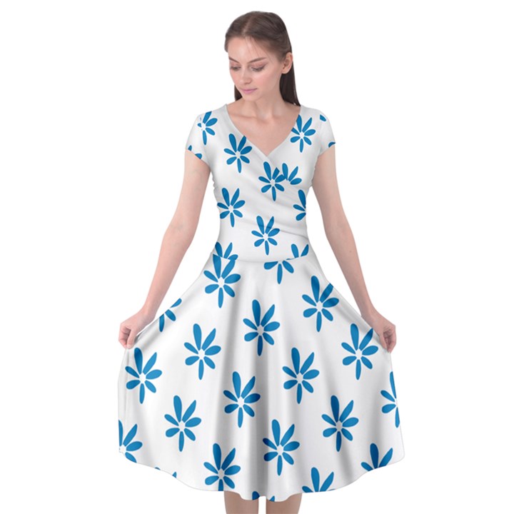 Little Blue Daisies  Cap Sleeve Wrap Front Dress