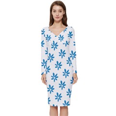 Little Blue Daisies  Long Sleeve V-neck Bodycon Dress  by ConteMonfrey