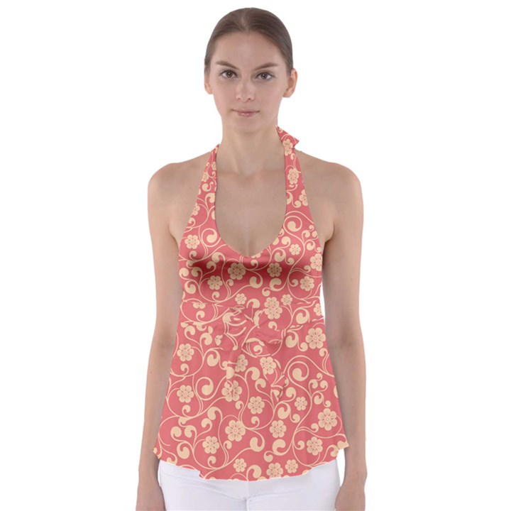 Pink Floral Wall Babydoll Tankini Top