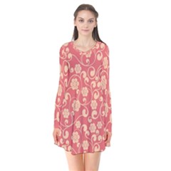 Pink Floral Wall Long Sleeve V-neck Flare Dress by ConteMonfrey