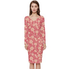 Pink Floral Wall Long Sleeve V-neck Bodycon Dress  by ConteMonfrey