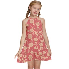 Pink Floral Wall Kids  Halter Collar Waist Tie Chiffon Dress