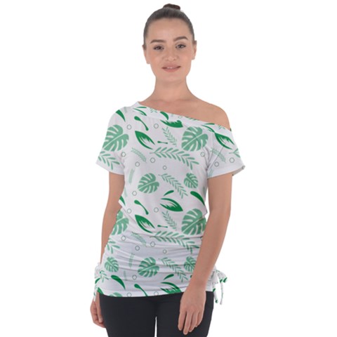 Green Nature Leaves Draw   Off Shoulder Tie-up Tee by ConteMonfrey