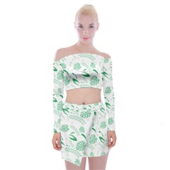 Green Nature Leaves Draw   Off Shoulder Top With Mini Skirt Set by ConteMonfrey