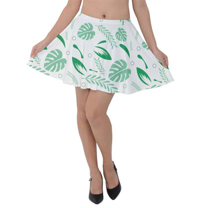 Green Nature Leaves Draw   Velvet Skater Skirt