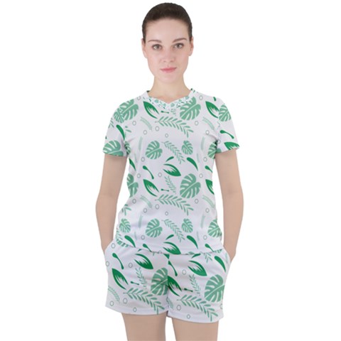 Green Nature Leaves Draw   Women s Tee And Shorts Set by ConteMonfrey