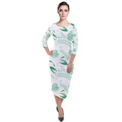 Green Nature Leaves Draw   Quarter Sleeve Midi Velour Bodycon Dress by ConteMonfrey