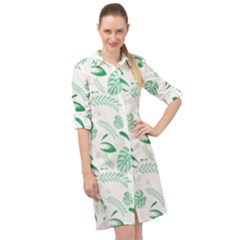 Green Nature Leaves Draw   Long Sleeve Mini Shirt Dress by ConteMonfrey