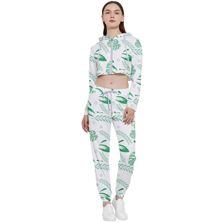 Green Nature Leaves Draw   Cropped Zip Up Lounge Set