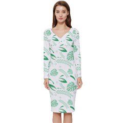 Green Nature Leaves Draw   Long Sleeve V-neck Bodycon Dress  by ConteMonfrey