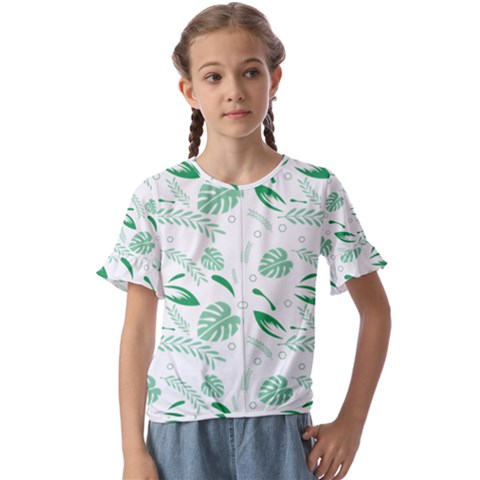 Green Nature Leaves Draw   Kids  Cuff Sleeve Scrunch Bottom Tee by ConteMonfrey