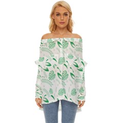 Green Nature Leaves Draw   Off Shoulder Chiffon Pocket Shirt by ConteMonfrey