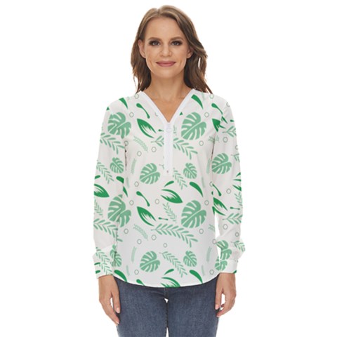 Green Nature Leaves Draw   Zip Up Long Sleeve Blouse by ConteMonfrey