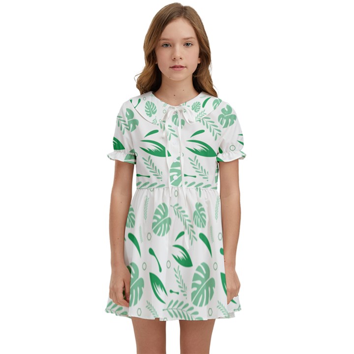 Green Nature Leaves Draw   Kids  Sweet Collar Dress