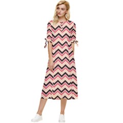 Geometric Pink Waves  Bow Sleeve Chiffon Midi Dress by ConteMonfrey