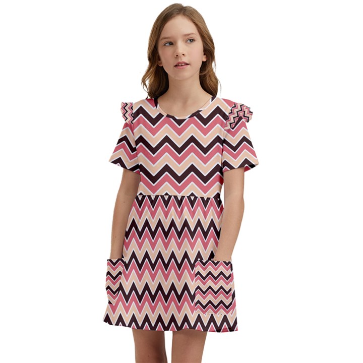 Geometric Pink Waves  Kids  Frilly Sleeves Pocket Dress