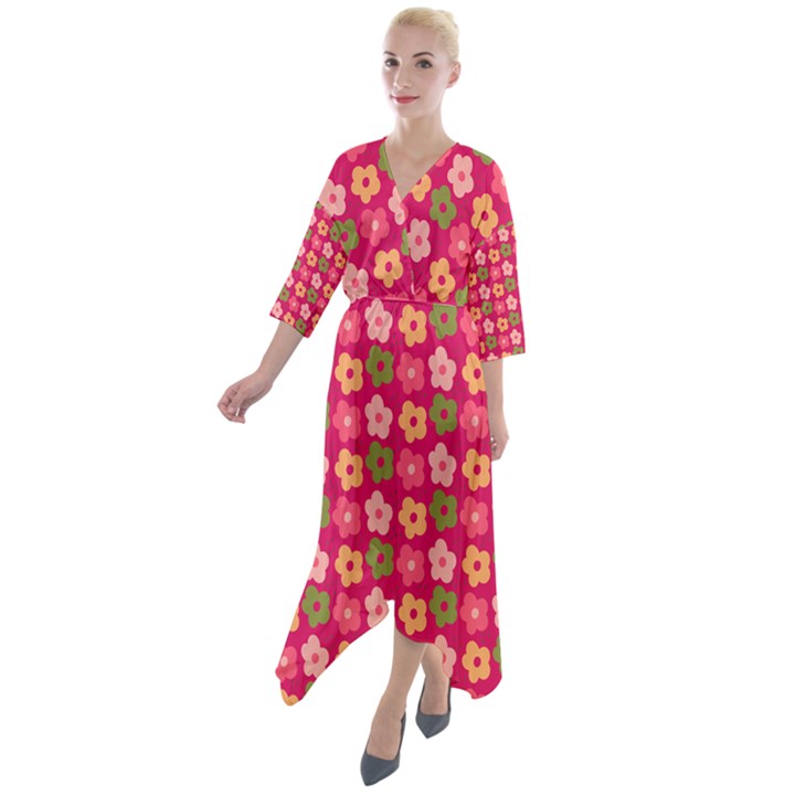 Little Flowers Garden   Quarter Sleeve Wrap Front Maxi Dress