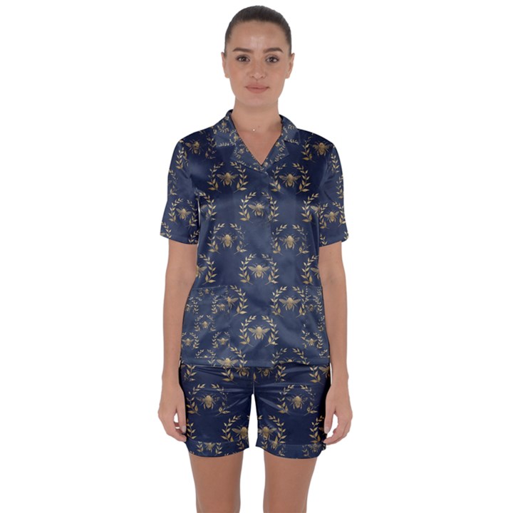 Blue Golden Bee Satin Short Sleeve Pajamas Set