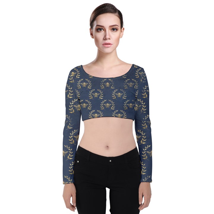 Blue Golden Bee Velvet Long Sleeve Crop Top