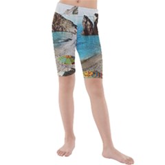 Beach Day At Cinque Terre, Colorful Italy Vintage Kids  Mid Length Swim Shorts by ConteMonfrey