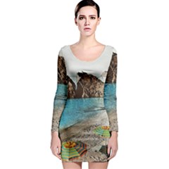 Beach Day At Cinque Terre, Colorful Italy Vintage Long Sleeve Bodycon Dress by ConteMonfrey