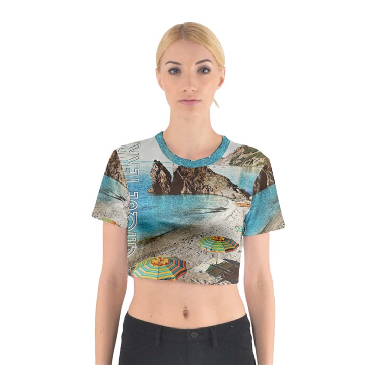 Beach Day At Cinque Terre, Colorful Italy Vintage Cotton Crop Top