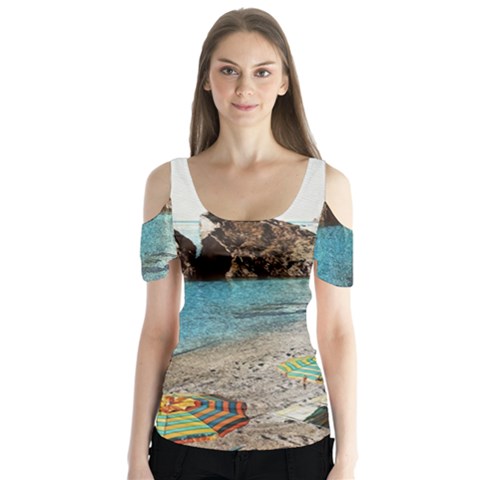 Beach Day At Cinque Terre, Colorful Italy Vintage Butterfly Sleeve Cutout Tee  by ConteMonfrey