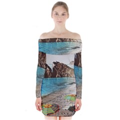 Beach Day At Cinque Terre, Colorful Italy Vintage Long Sleeve Off Shoulder Dress by ConteMonfrey