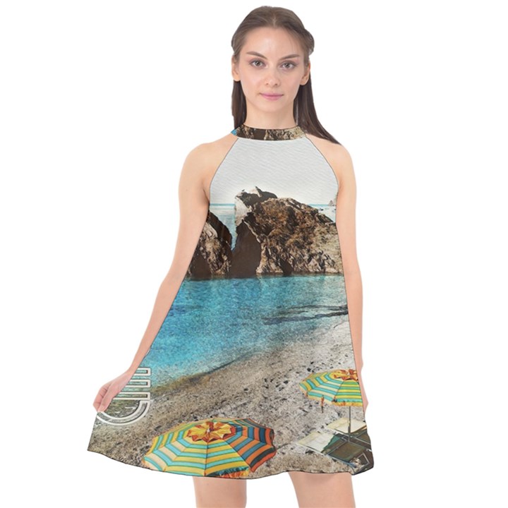 Beach Day At Cinque Terre, Colorful Italy Vintage Halter Neckline Chiffon Dress 