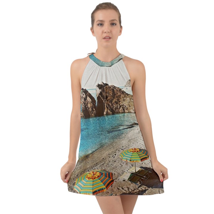 Beach Day At Cinque Terre, Colorful Italy Vintage Halter Tie Back Chiffon Dress