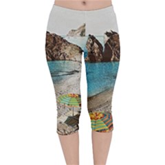 Beach Day At Cinque Terre, Colorful Italy Vintage Velvet Capri Leggings  by ConteMonfrey