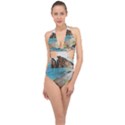 Beach Day At Cinque Terre, Colorful Italy Vintage Halter Front Plunge Swimsuit View1