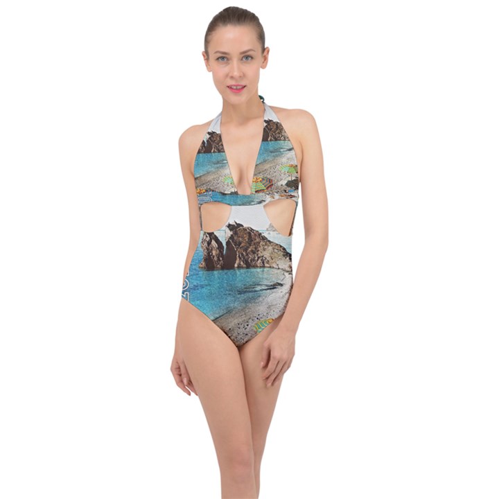 Beach Day At Cinque Terre, Colorful Italy Vintage Halter Front Plunge Swimsuit