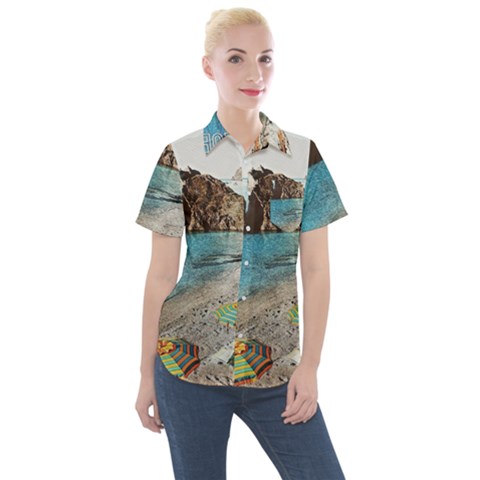 Beach Day At Cinque Terre, Colorful Italy Vintage Women s Short Sleeve Pocket Shirt by ConteMonfrey