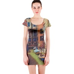 Venice Canals Art   Short Sleeve Bodycon Dress by ConteMonfrey