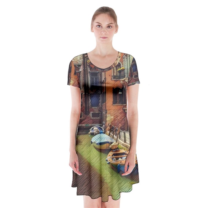 Venice Canals Art   Short Sleeve V-neck Flare Dress