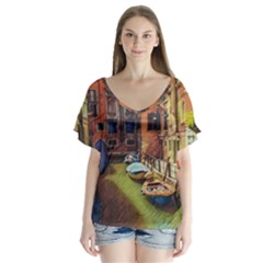 Venice Canals Art   V-neck Flutter Sleeve Top by ConteMonfrey