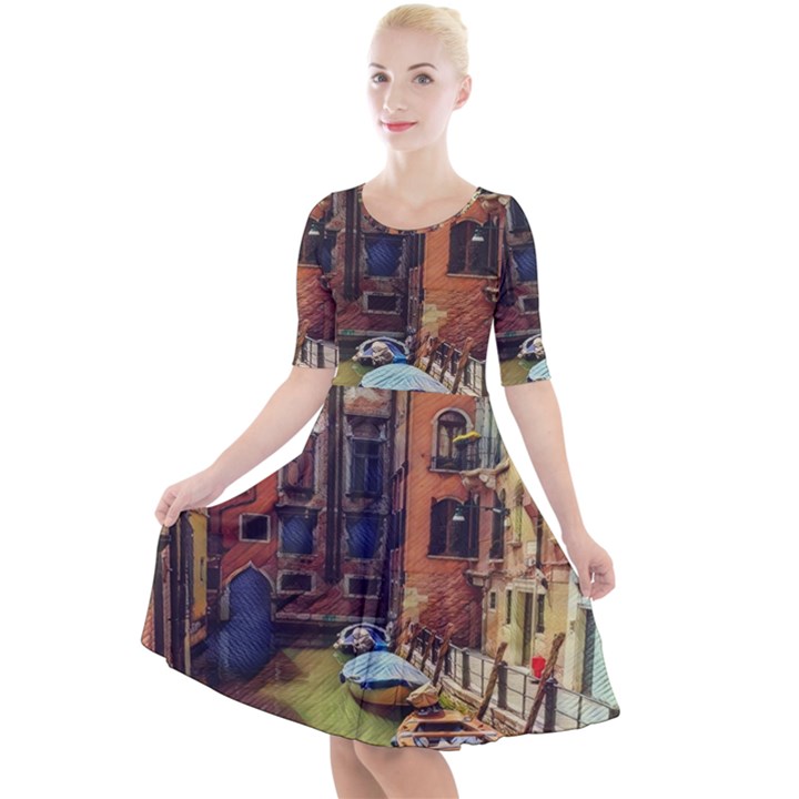 Venice Canals Art   Quarter Sleeve A-Line Dress