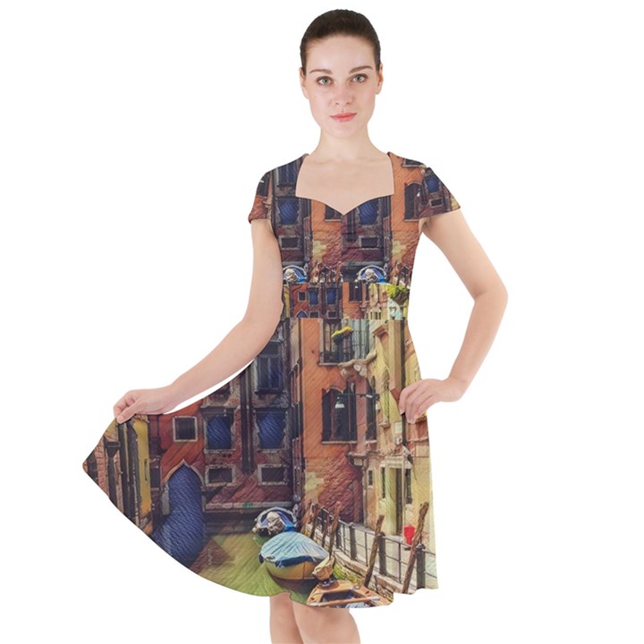 Venice Canals Art   Cap Sleeve Midi Dress