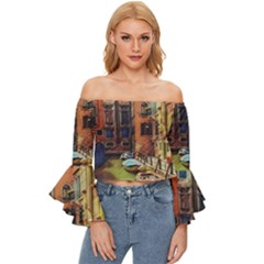 Venice Canals Art   Off Shoulder Flutter Bell Sleeve Top by ConteMonfrey