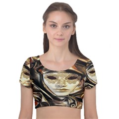 Artistic Venetian Mask Velvet Short Sleeve Crop Top  by ConteMonfrey