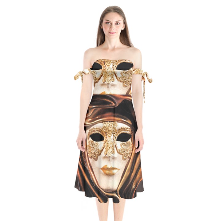 Venetian Mask Shoulder Tie Bardot Midi Dress